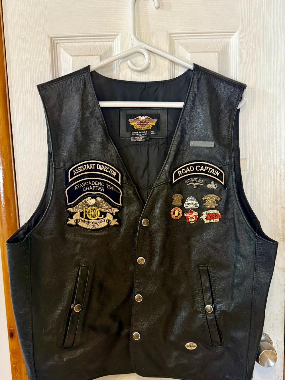 Vintage Harley Davidson Black Leather Motorcycle Vest with various patches